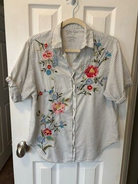 Kyla Sea Women's Blue Stripe Embroidered Button-Down Shirt